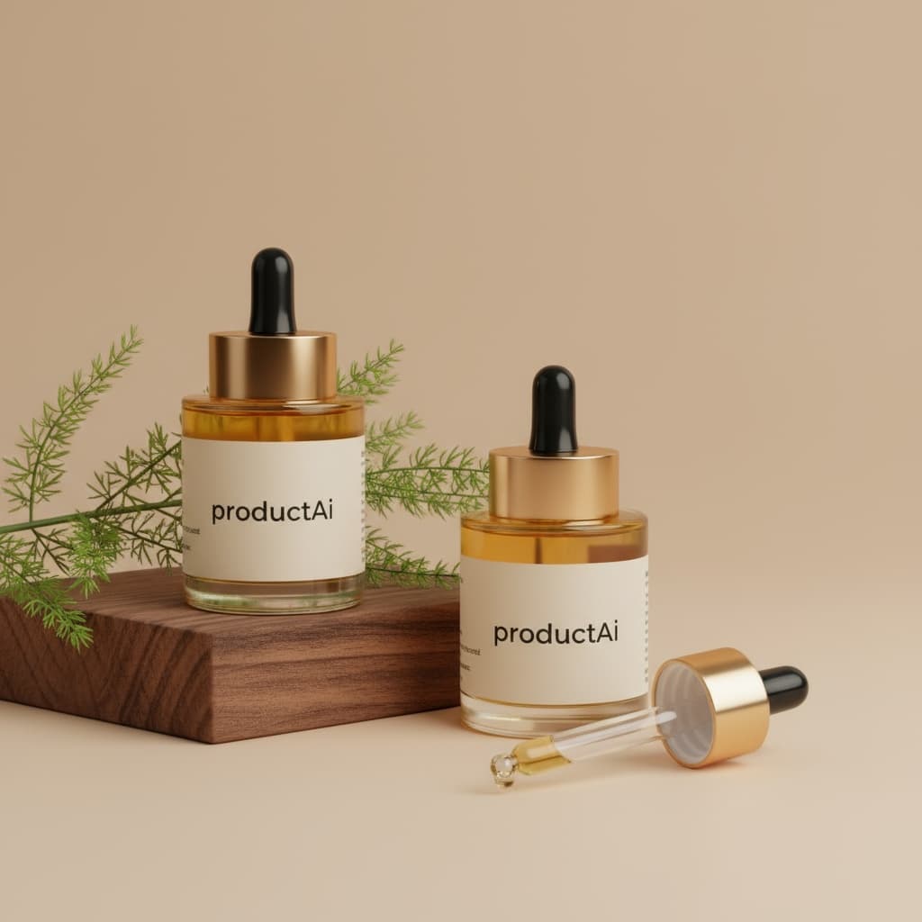 This is a warm-toned studio shot of two cosmetic bottles. The small, clear glass bottles are filled with golden oil and have black droppers with gold caps. One bottle is elevated on a piece of rough, dark wood, with a feathery green plant sprig behind it. Another bottle sits to the right, and an open dropper rests in the foreground. The bottles have a white "ProductAI" label. The overall composition is balanced, with soft lighting creating a natural, serene feel against a plain beige background.