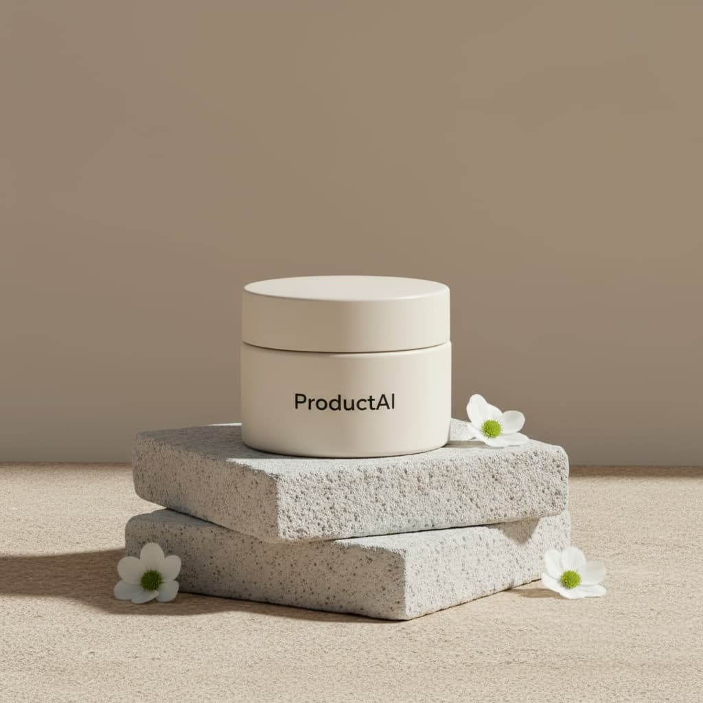 A minimalist product shot features a cosmetic jar on textured stone blocks against a beige background. The matte-finish, off-white jar with the label "ProductAI" is the central focus. Three delicate white flowers with green centers are placed around the stone pedestals, adding a soft, natural element. Soft light from the left creates gentle shadows, highlighting the contrast between the smooth jar and the rough stones. The overall aesthetic is elegant and earthy, with a neutral color palette.
