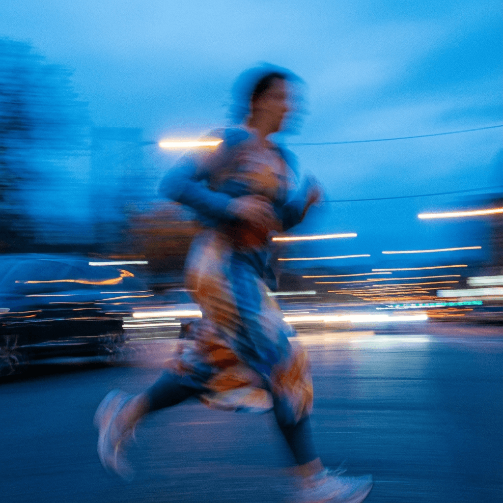 Blurred motion shot of a person running against a blue background, creating a dynamic and abstract effect with light and shadow play
