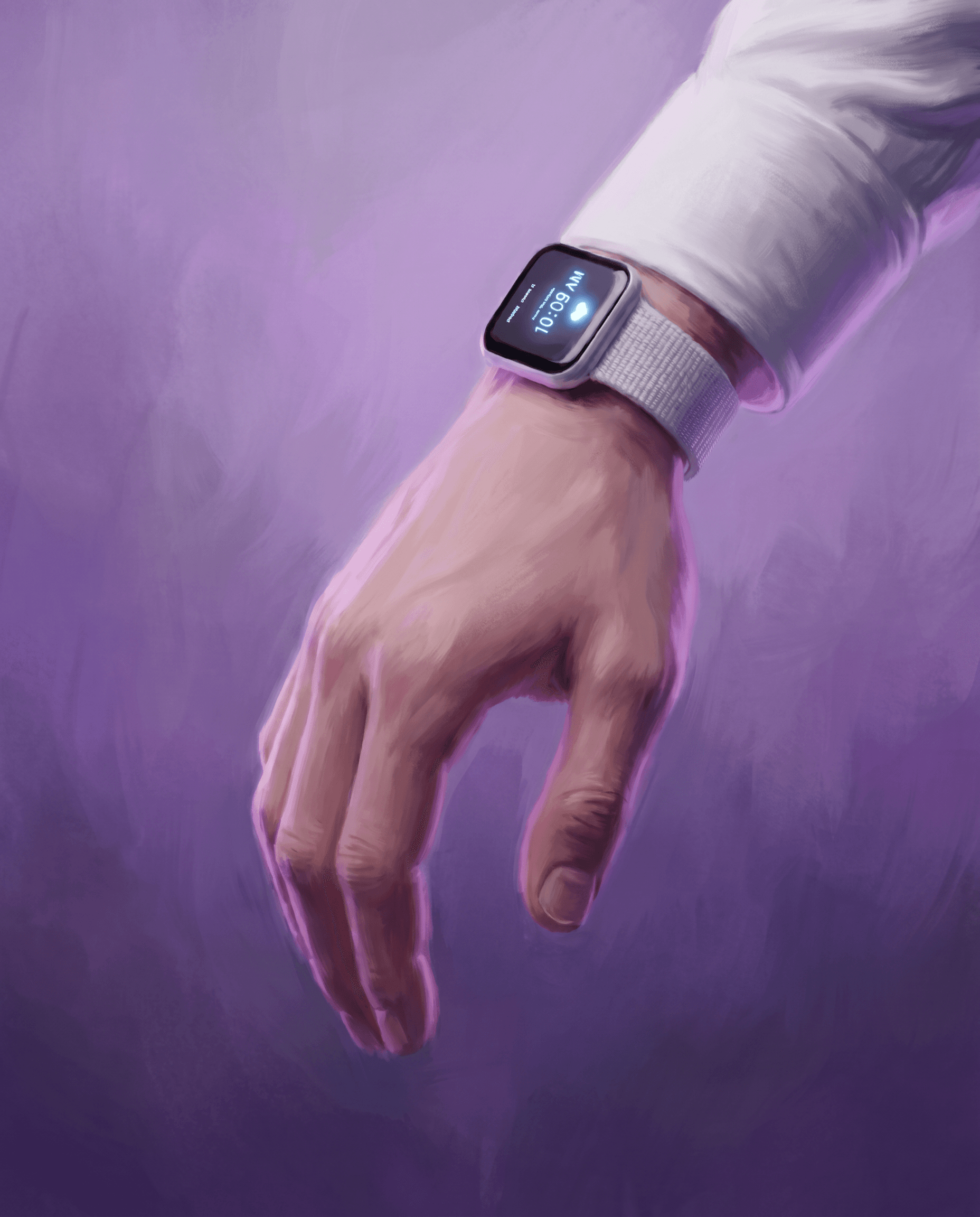 Ethereal fashion editorial, Apple Watch with pale woven band on a delicate downward-hanging wrist in a white shirt sleeve, dreamy lavender-purple ambient lighting suffusing the entire scene in soft violet warmth, the dark watch face glowing with a cool blue interface, the hand relaxed and elegant, soft-focus background in purple gradient, feminine and modern with a painterly digital-impressionist quality
