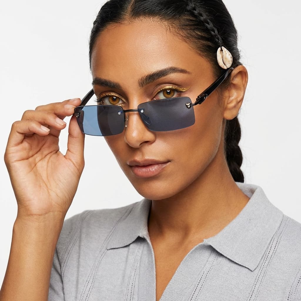 sunglasses worn by 34-year-old Iranian-Ghanaian woman, golden-brown skin, metallic eyeliner, honey eyes, and a small seashell threaded into her hair, use style from the second photo