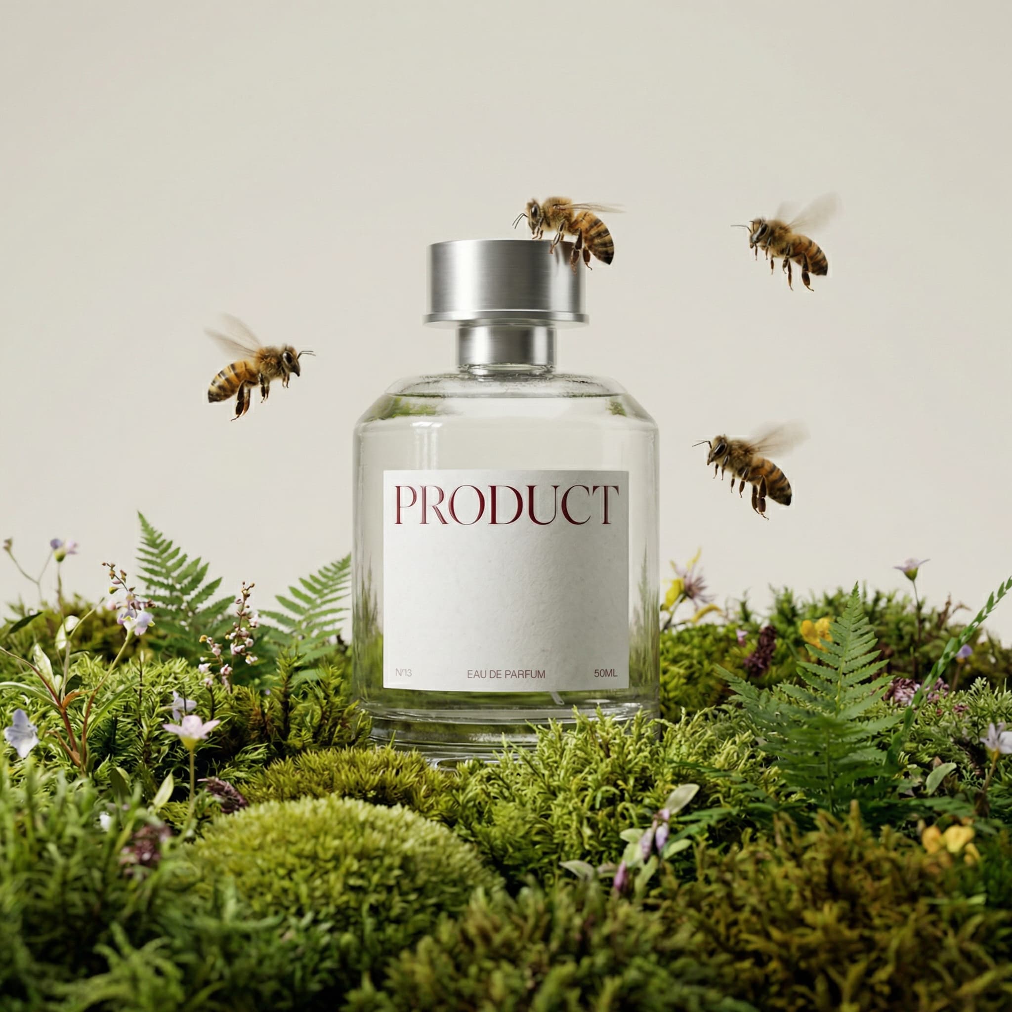 The image is a conceptual, nature-infused product still life with a poetic, slightly surreal tone.
A slim glass fragrance vial stands upright in a miniature natural landscape of moss and small plants, as if emerging organically from the ground. Several bees hover and perch around the bottle—one resting on the cap, others mid-flight—introducing motion, life, and a sense of ecological interaction.
The background is a clean, pale neutral, creating strong negative space and isolating the scene so it feels staged yet quiet. This contrast heightens the surreal quality: a controlled studio environment hosting a moment that feels borrowed from nature.
Lighting is soft and naturalistic, with gentle highlights on the glass and subtle shadows in the moss. The textures—smooth vial, soft greenery, delicate insects—are clearly articulated without drama.
Overall, the image feels thoughtful, restrained, and symbolic, blending product design with environmental storytelling. It suggests scent as something alive and instinctive, communicated through mood and metaphor rather than overt branding or luxury cues.