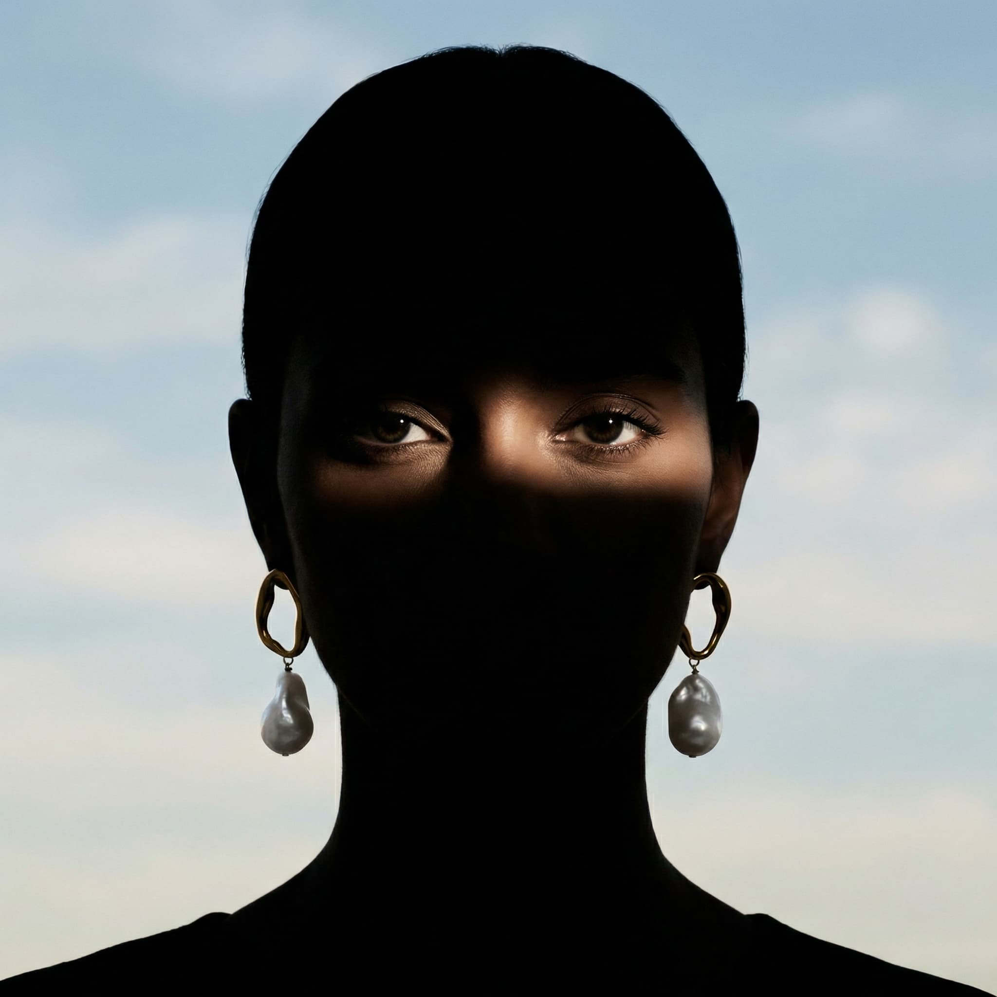 The image is a stark, conceptual portrait built around contrast, concealment, and gaze.
A figure faces the camera directly, but most of the face and head are enveloped in deep shadow or a dark covering, leaving only a narrow horizontal band of light across the eyes. This strip of illumination becomes the emotional and visual center of the image, drawing immediate attention to the gaze.
Large hoop earrings are faintly visible at the sides, their circular shapes subtly breaking the silhouette and adding a graphic fashion element. The background is a soft, open sky tone, which contrasts sharply with the near-black foreground figure and heightens the dramatic separation between subject and space.
The composition is minimal and frontal, almost confrontational, yet restrained. By obscuring identity and emphasizing only the eyes, the image shifts from portraiture to symbolism—suggesting themes of anonymity, protection, mystery, or resistance.
Overall, the image feels powerful, enigmatic, and editorial, using light and shadow as narrative tools. It prioritizes concept and mood over realism, creating a strong, memorable visual statement with very few elements.