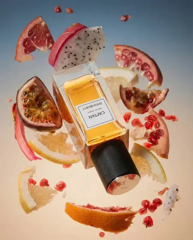 Fruit burst template: perfume bottle in exploding tropical fruit