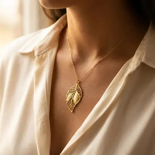 Gold leaf pendant necklace worn with a silk shirt