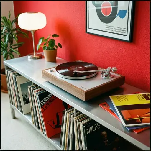 Record player on a sideboard in a styled living room