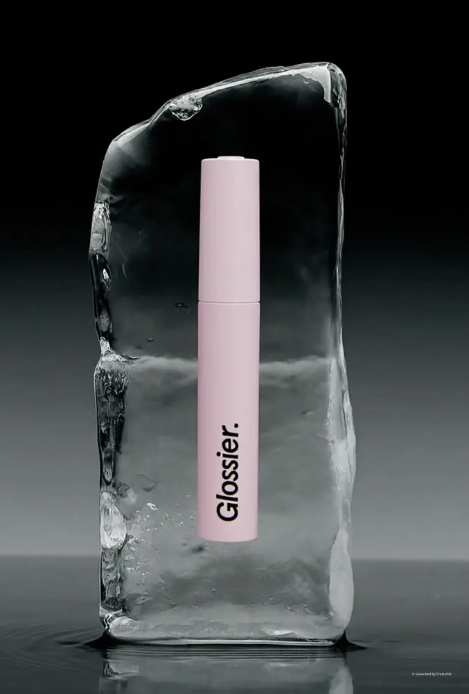Glossier mascara encased in a block of ice