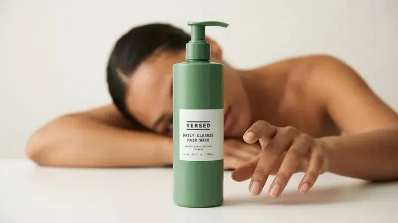 Green body care bottle beside a resting model
