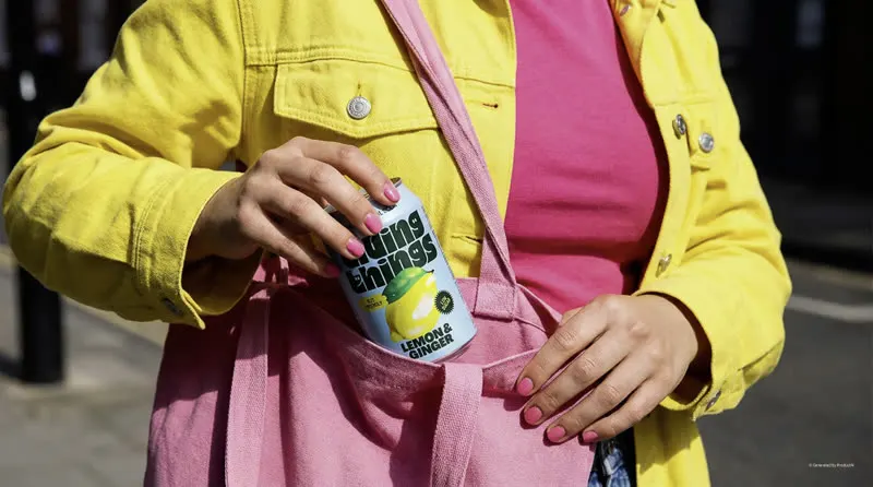 Woman tucking a soda can into a pink tote bag