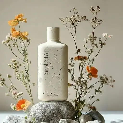 Body lotion bottle among wildflowers