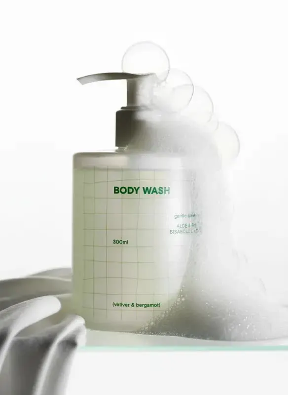 Generated shot of a body wash bottle with foam