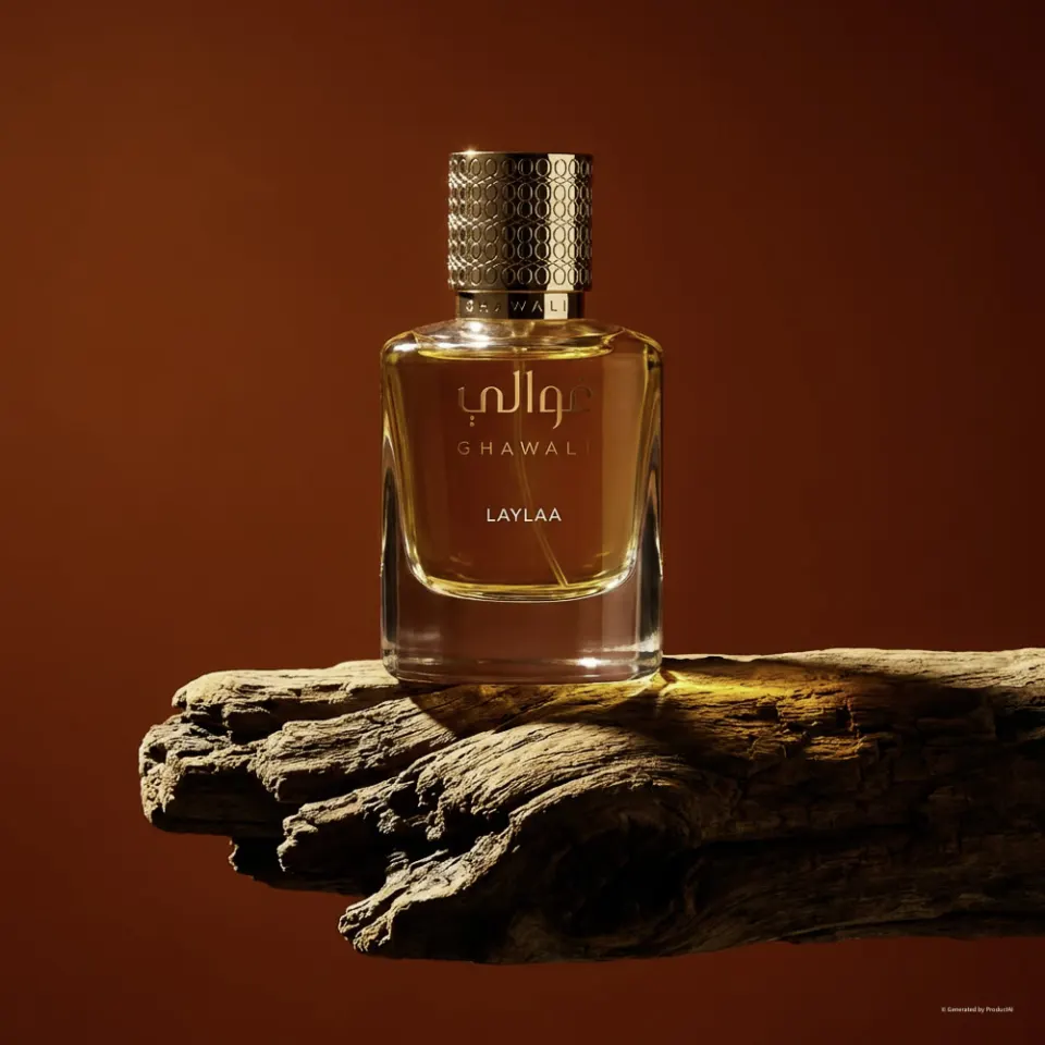 Ghawali fragrance bottle on driftwood