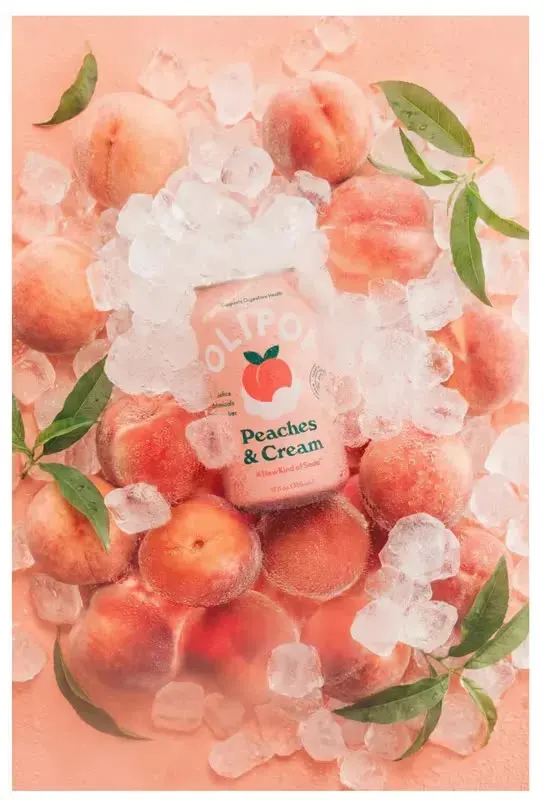 Peach ice template: soda can among peaches and ice
